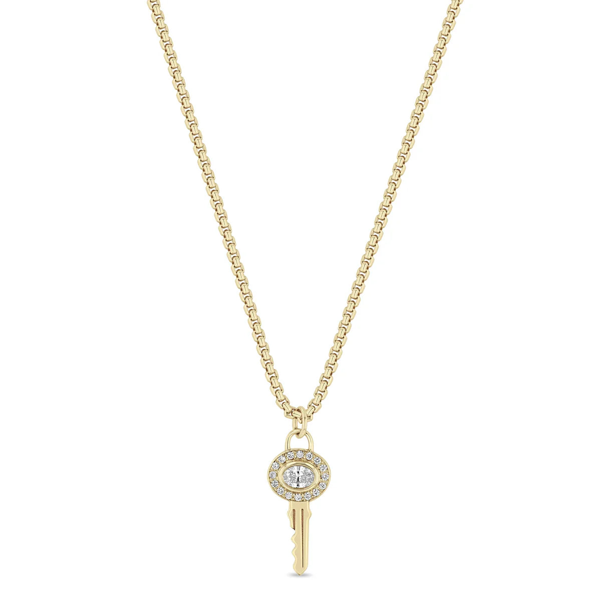 14k Oval Diamond Halo Key Pendant Necklace