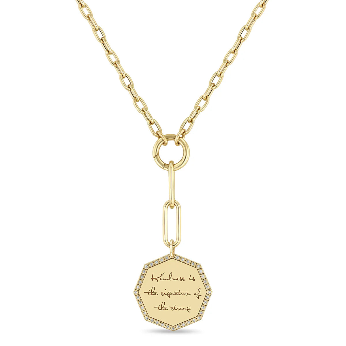 14k Large "Kindness is the signature of the strong" Diamond Octagon Mantra Mixed Chain Lariat