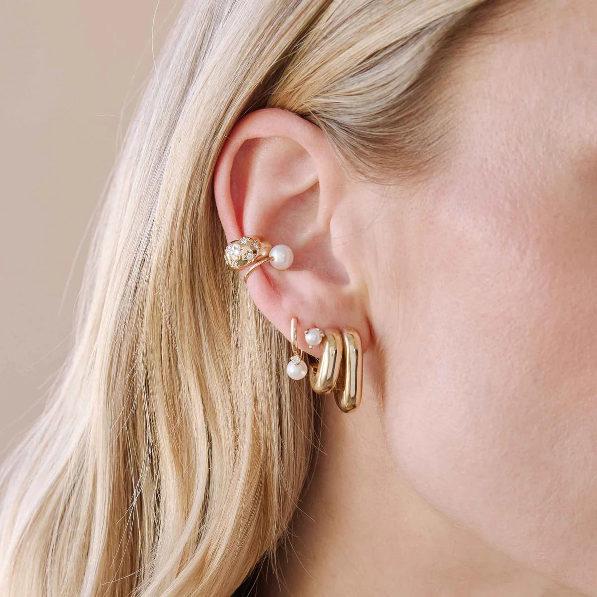 14k Pearl Mixed Double Tube Split Oval Hoops