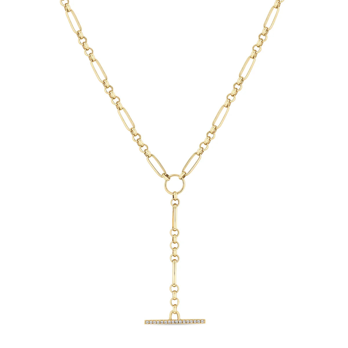 14k Medium Paperclip Rolo Chain Pavé Diamond Toggle Lariat Necklace