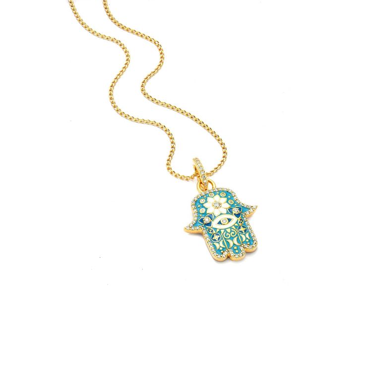 Small Sky Blue Enamel Hamsa Pendant