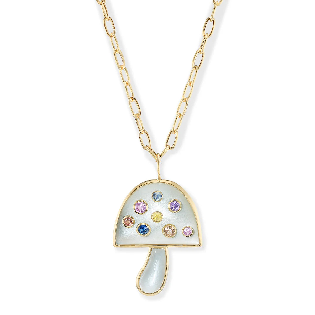 Large Grey Moonstone Magic Mushroom Pendant w/ Sapphires on 18" Chain