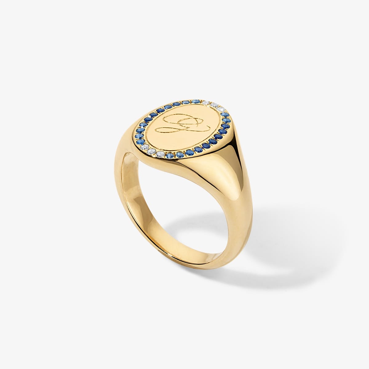 Grace Blue Sapphire Signet Ring with Initial