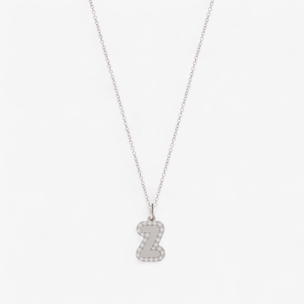 Large Bubble Initial Charm with Pave Outline Necklace