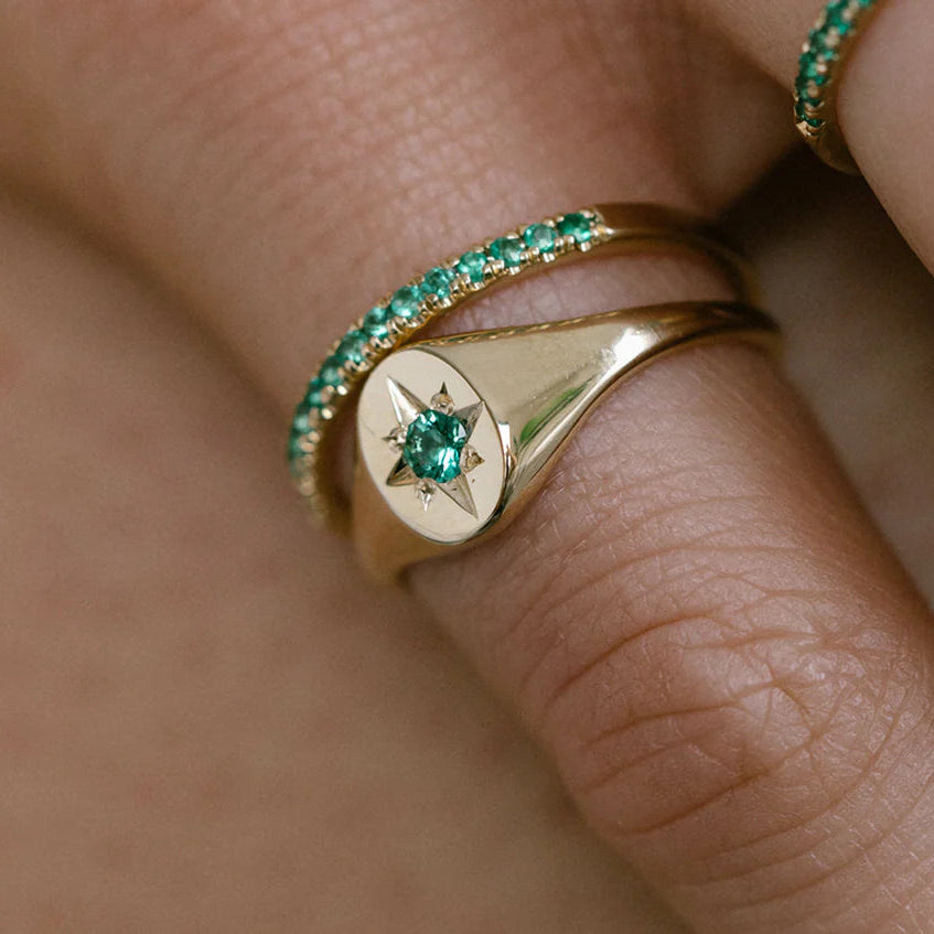 Emerald North Star Signet Ring
