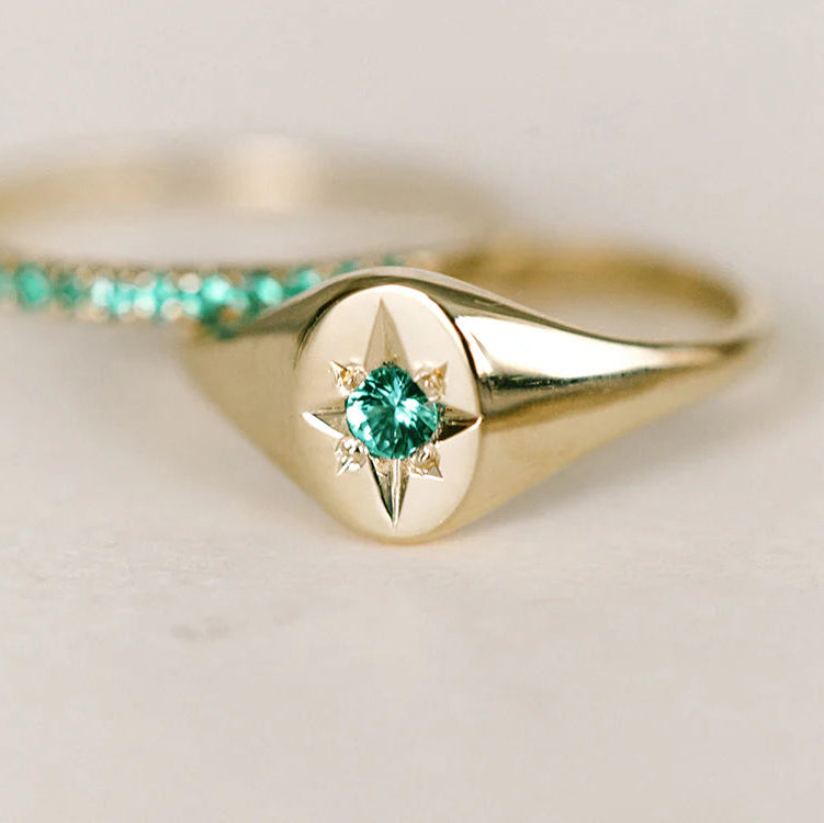 Emerald North Star Signet Ring