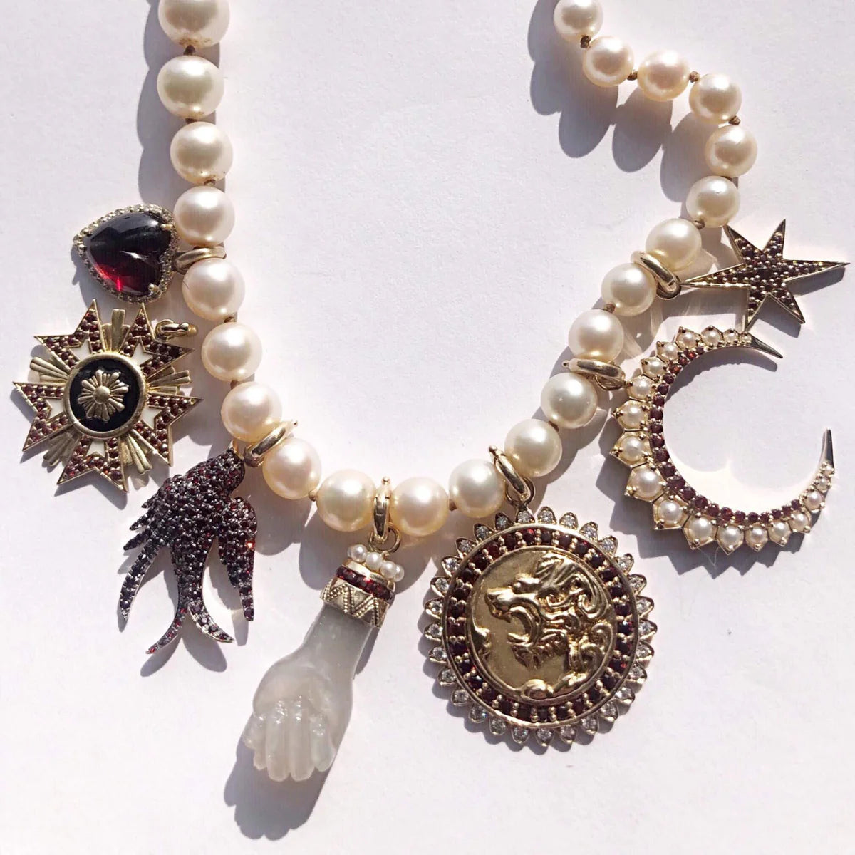 14K Gold Garnet & Pearl Crescent Moon Estelle Charm