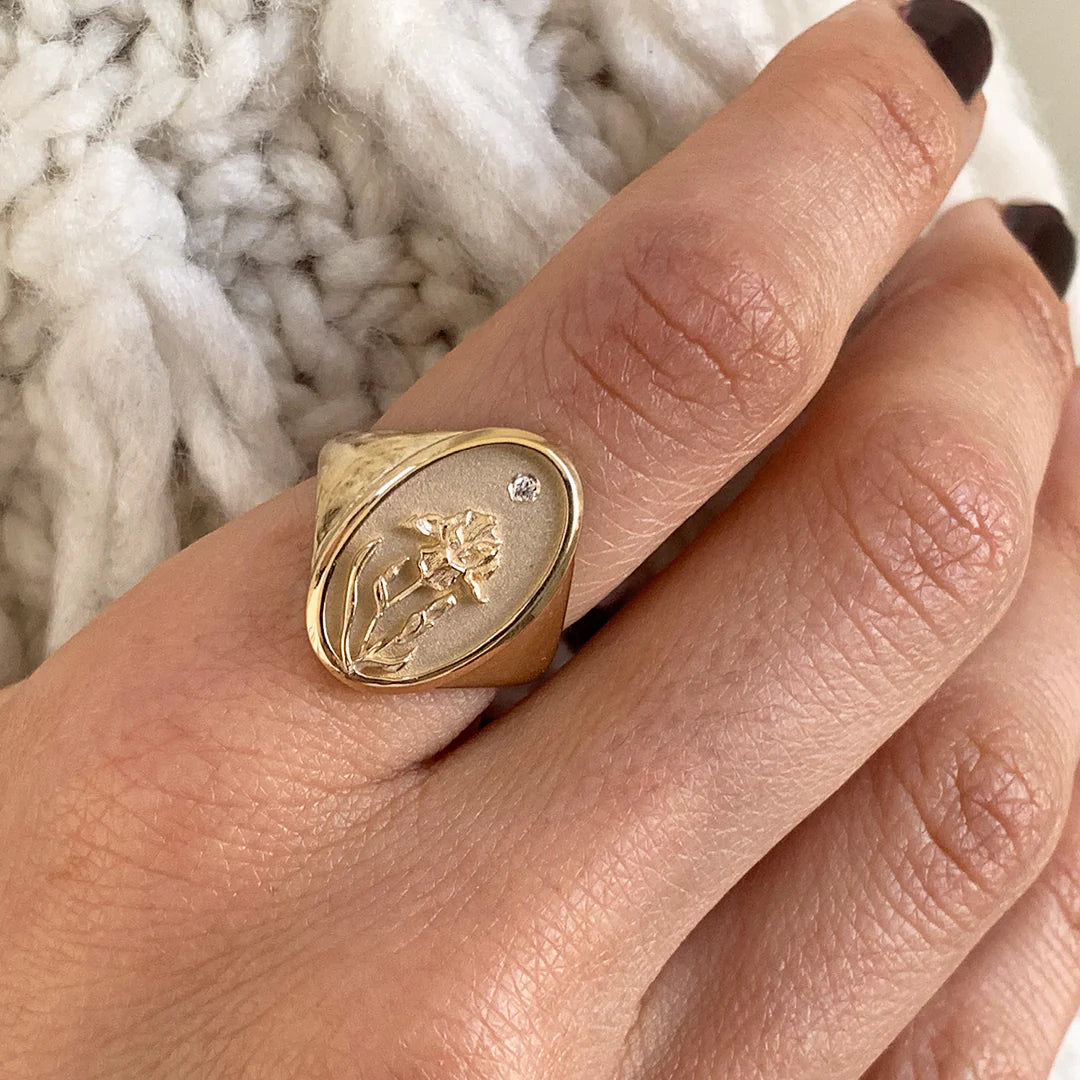 February Birth Flower Signet Ring