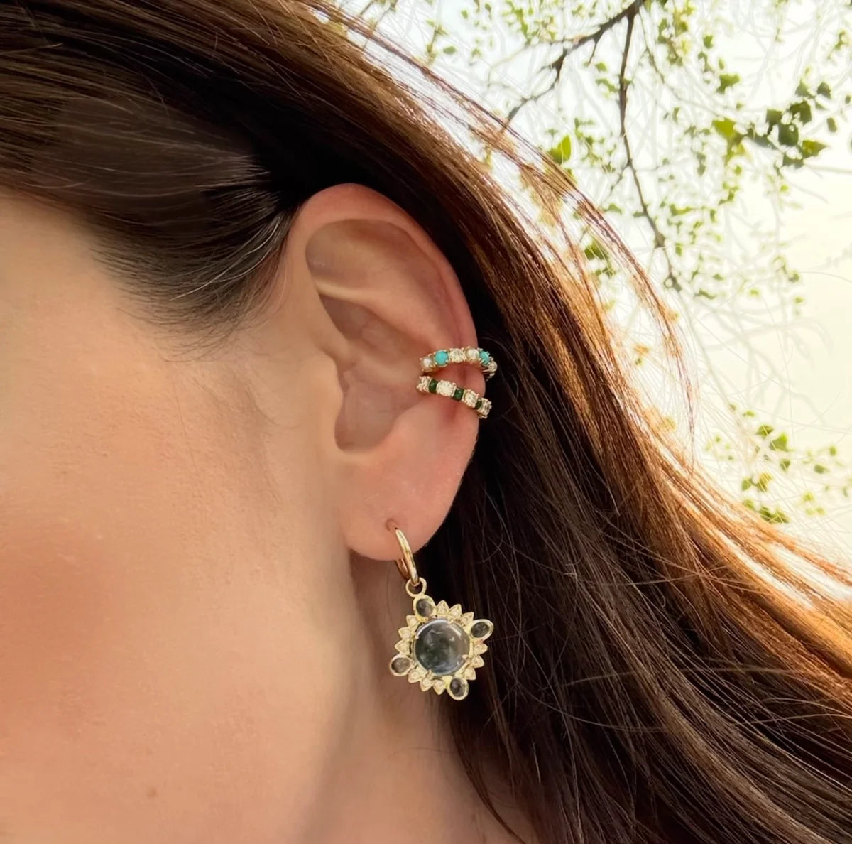 14K Gold Turquoise Pearl & Diamond Ear Cuff