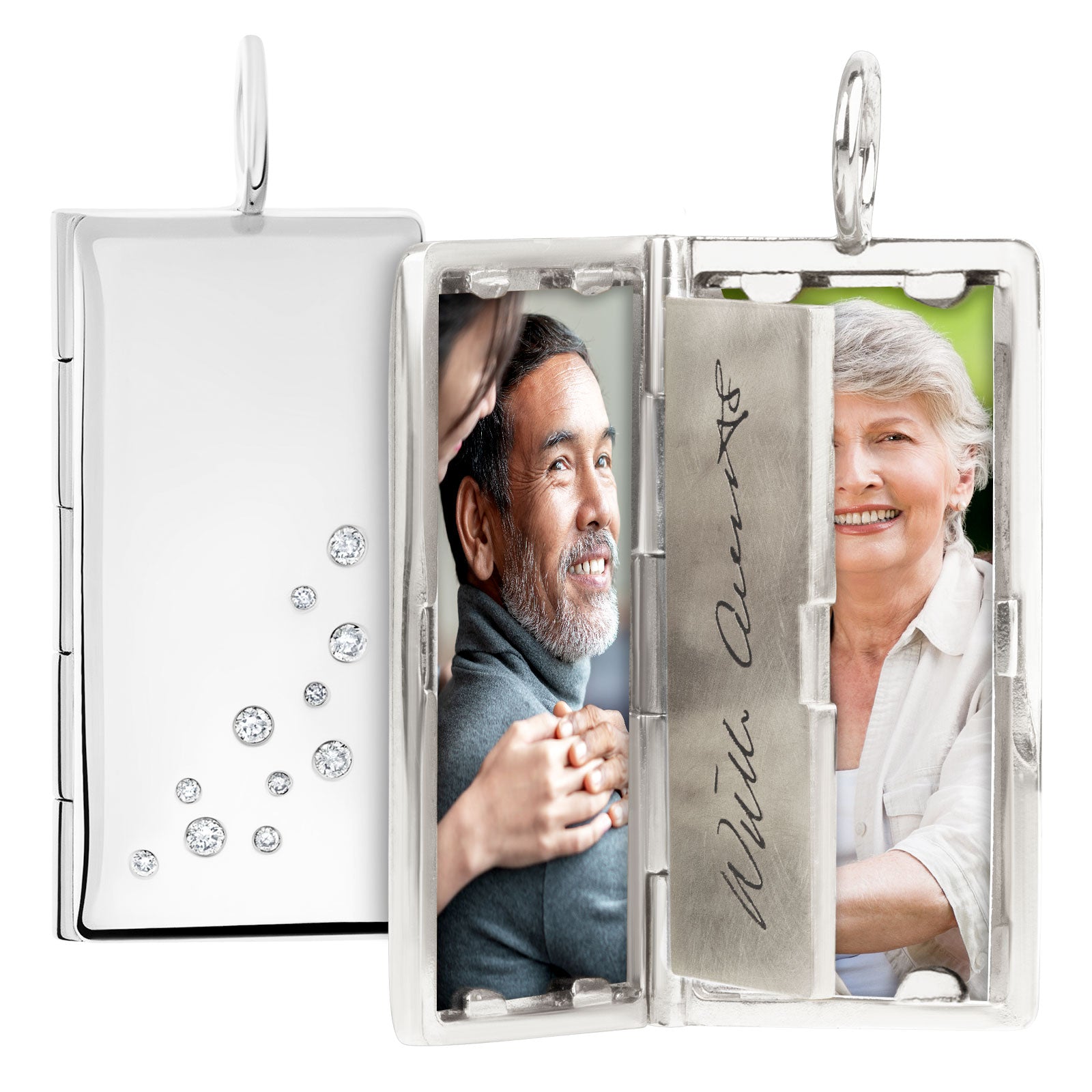 Silver Rectangular Locket with Diamonds and a Personalized Page