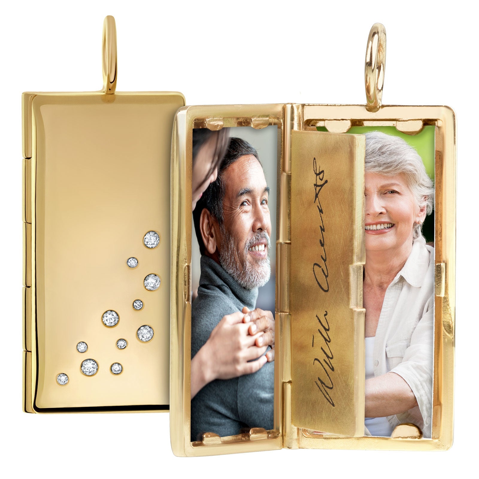 Gold Rectangular Locket with Diamonds and a Personalized Page