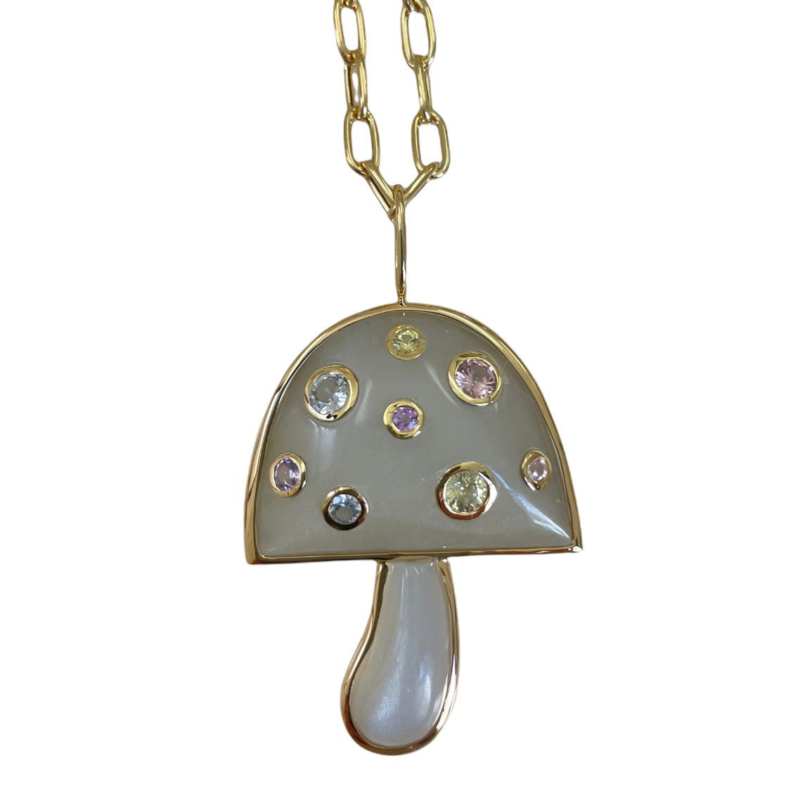 Large Grey Moonstone Magic Mushroom Pendant w/ Sapphires on 18" Chain