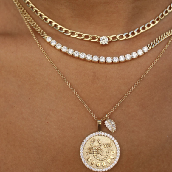 Cuban Link Chain and Diamond Line Necklace in Yellow Gold