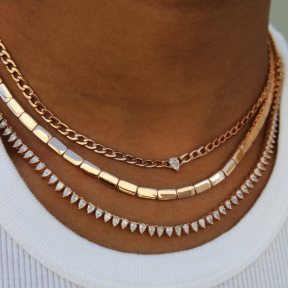 Curb Link Chain Necklace w/ Pear Diamond Center in Rose Gold