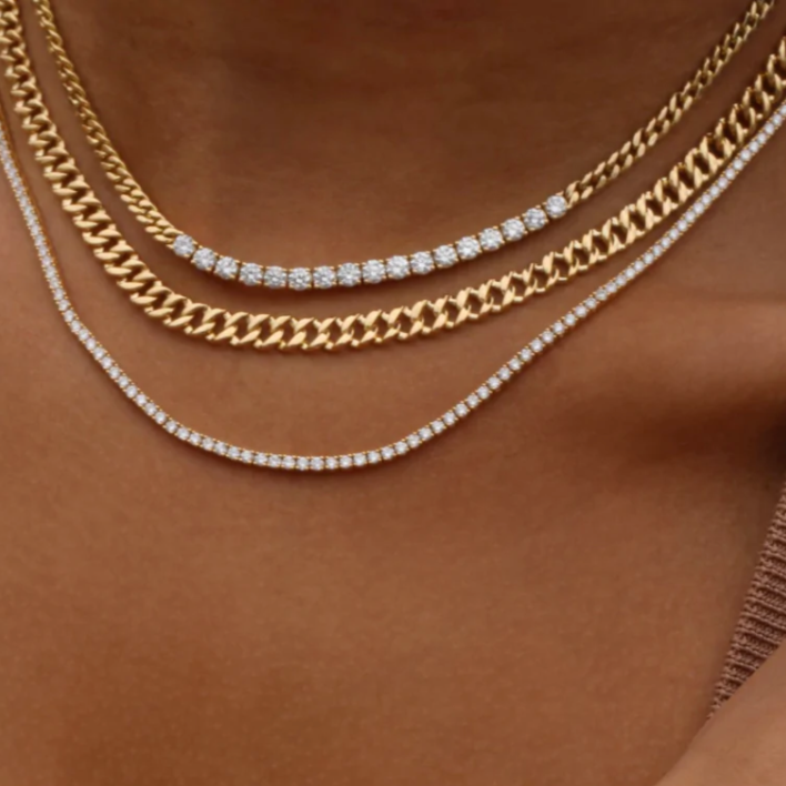 Cuban Link Chain and Diamond Line Necklace in Yellow Gold