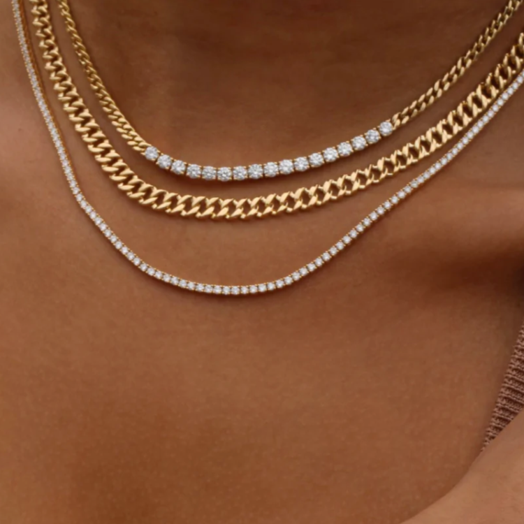 Cuban Link Chain and Diamond Line Necklace in White Gold