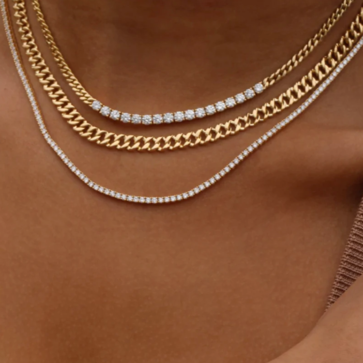 Cuban Link Chain and Diamond Line Necklace in Rose Gold