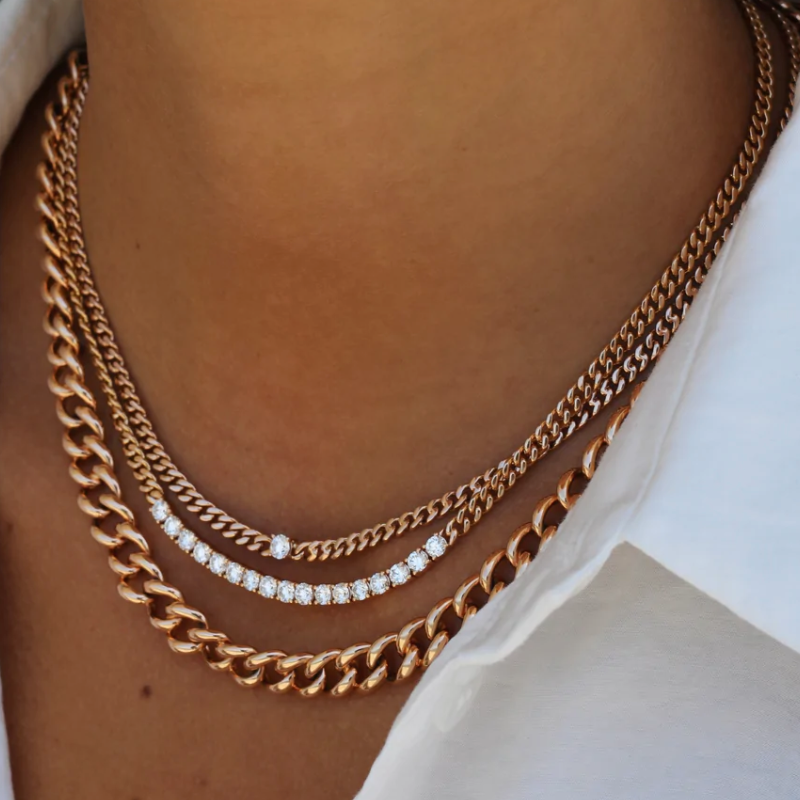 Cuban Link Chain and Diamond Line Necklace in Yellow Gold