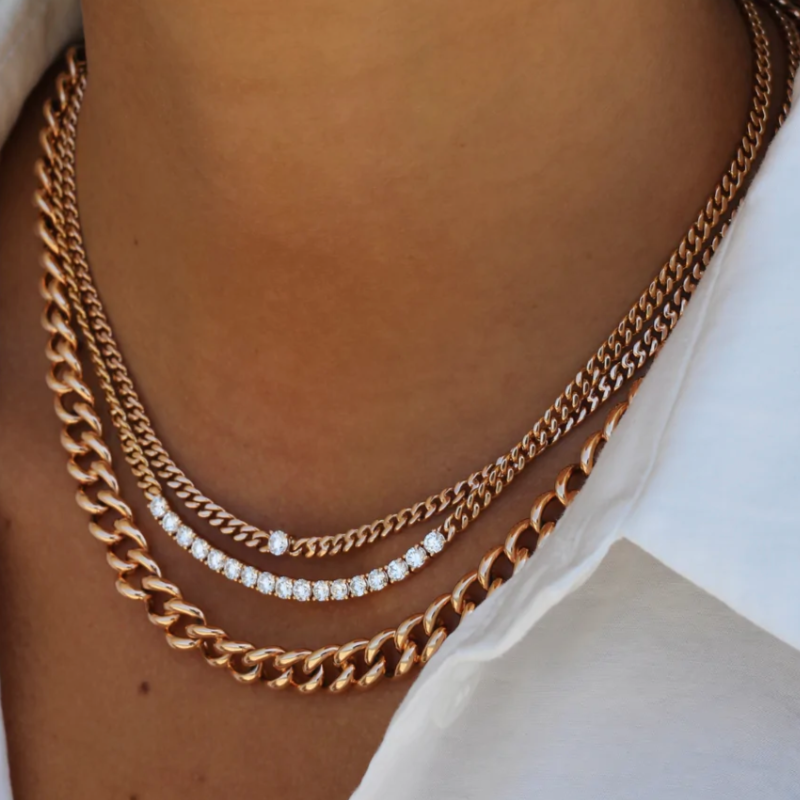 Cuban Link Chain and Diamond Line Necklace in White Gold