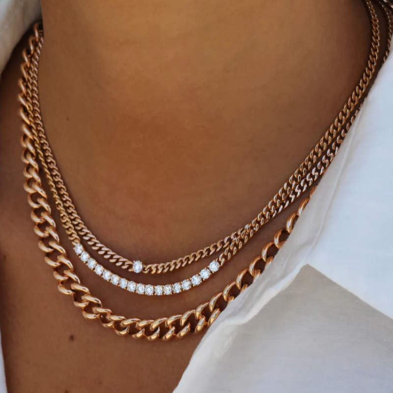 Cuban Link Chain and Diamond Line Necklace in Rose Gold