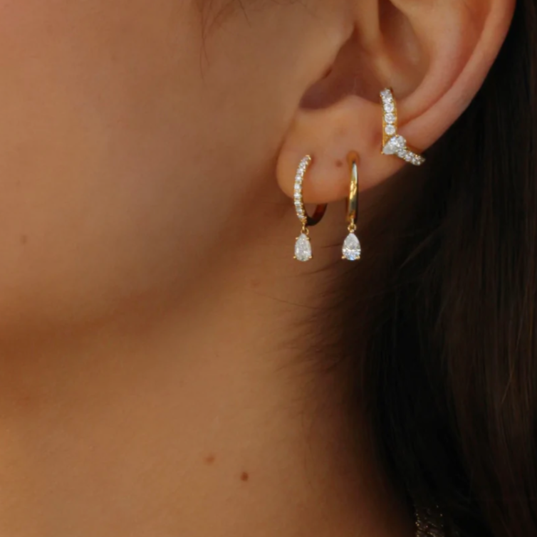 Curved Diamond Ear Cuff w/ Pear Center in Yellow Gold