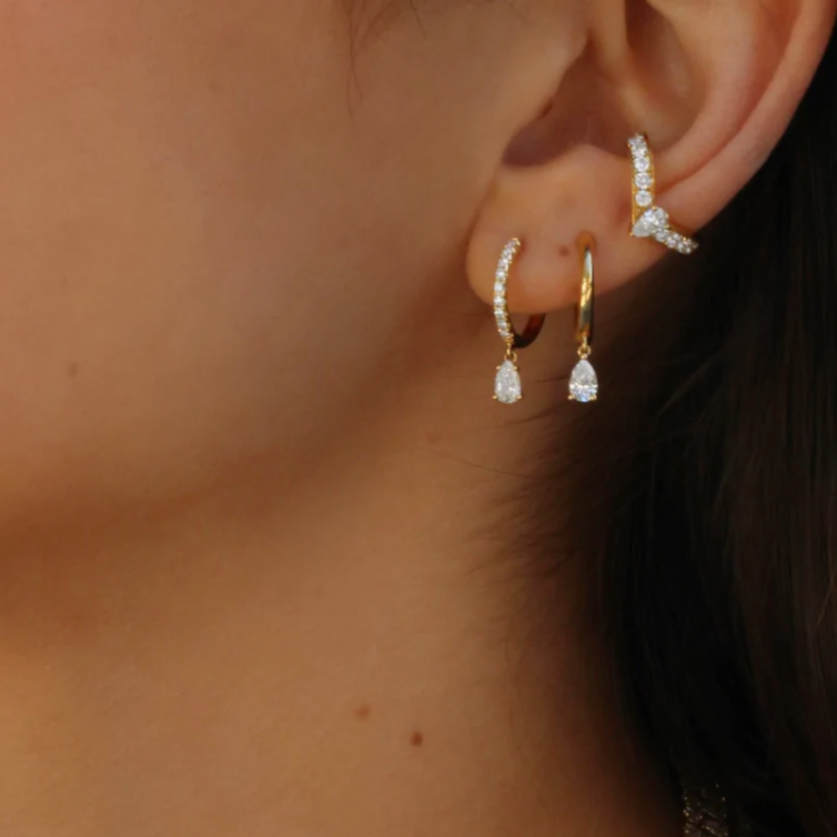 Curved Diamond Ear Cuff w/ Pear Center in White Gold