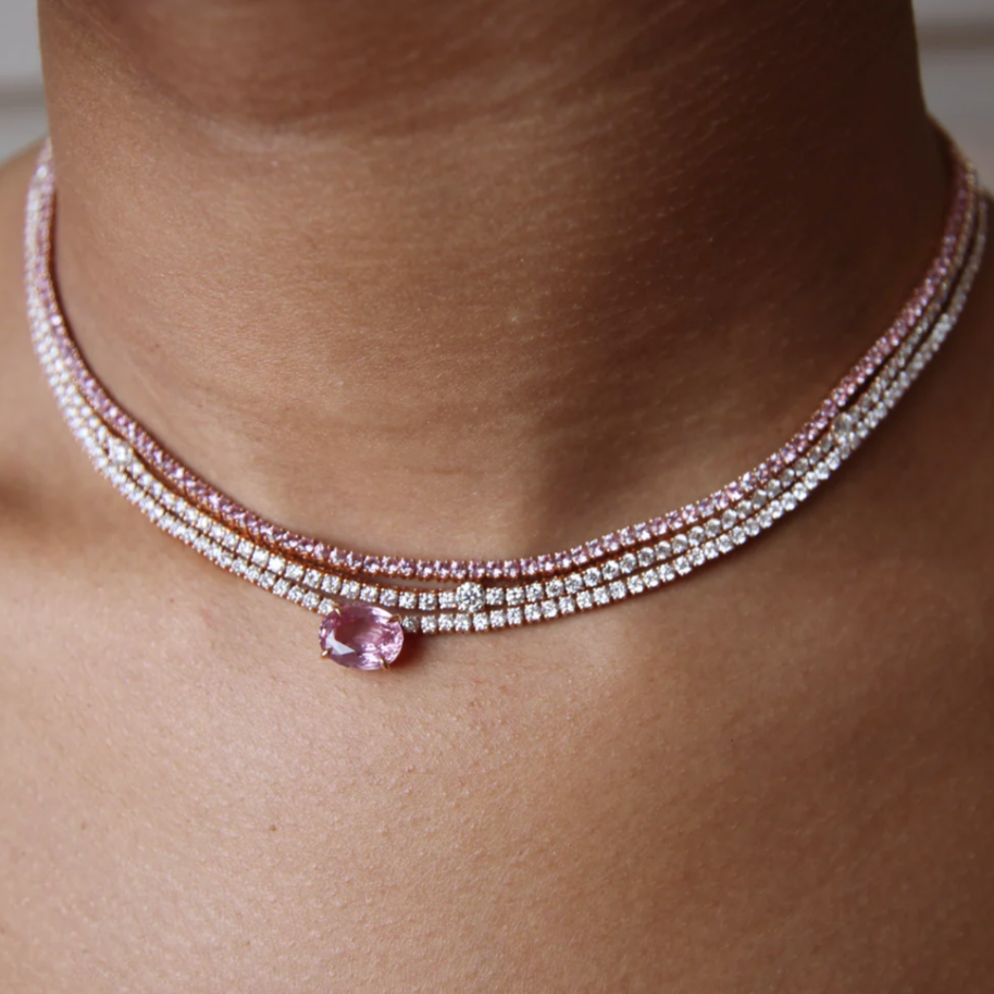 Pink Sapphire Hepburn Choker 16" in Yellow Gold