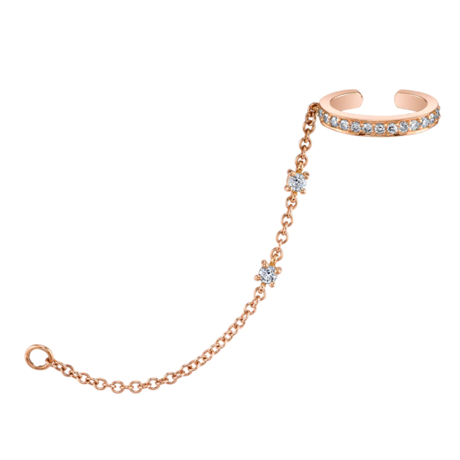 Single Row Diamond Ear Cuff w/ Diamond Chain in Rose Gold