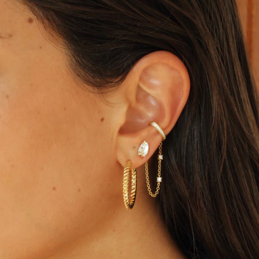 Single Row Diamond Ear Cuff w/ Diamond Chain in Yellow Gold