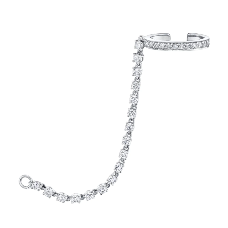 Single Row Diamond Ear Cuff w/ Rope Diamond Chain in White Gold