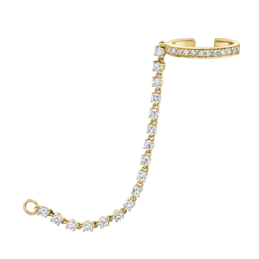 Single Row Diamond Ear Cuff w/ Rope Diamond Chain in Yellow Gold