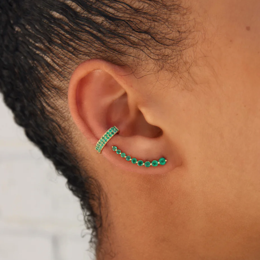 Two Row Emerald Ear Cuff in Yellow Gold