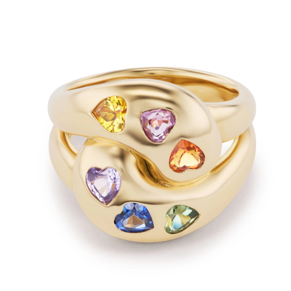 Knot Ring with Rainbow Sapphire Hearts