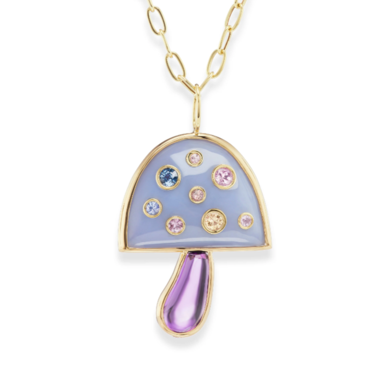 Large Blue Chalcedony and Amethyst Magic Mushroom Pendant w/ Precious Stones on 18" Chain