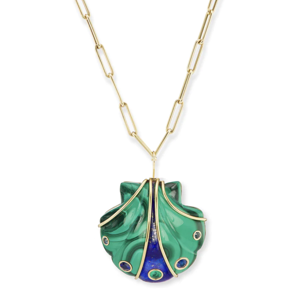 Carved Malachite and Lapis Stone Shell Pendant