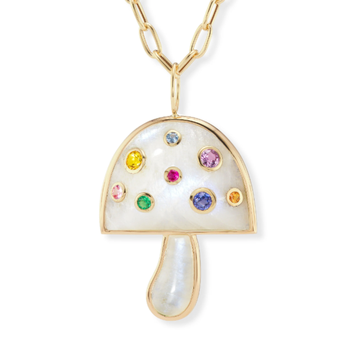 Large Moonstone Magic Mushroom Pendant w/ Precious Stones on 18" Chain