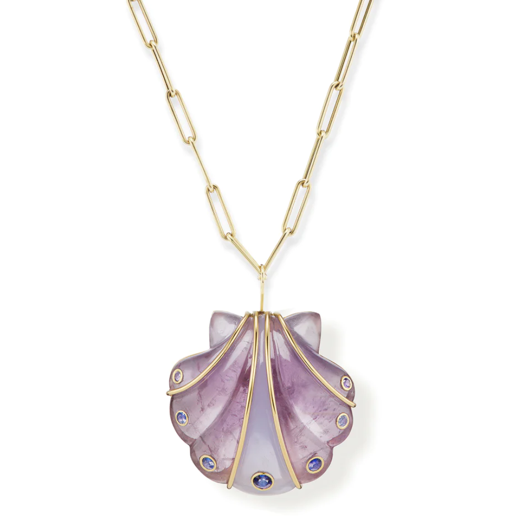 Large Shell Pendant Amethyst & Blue Chalcedony