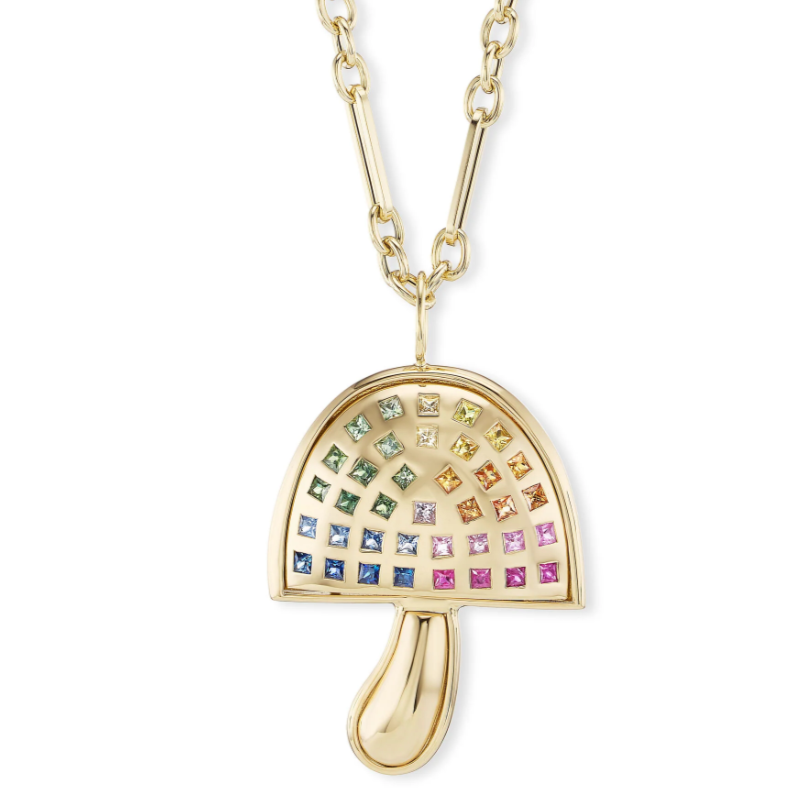 Large Gold Mushroom with Square Rainbow Sapphires